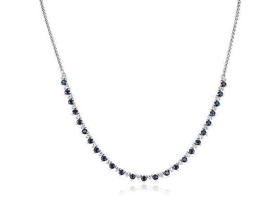 Necklaces | Blue Nile Round Sapphire And Diamond Alternating Size Wheat Chain Necklace In 14K White Gold