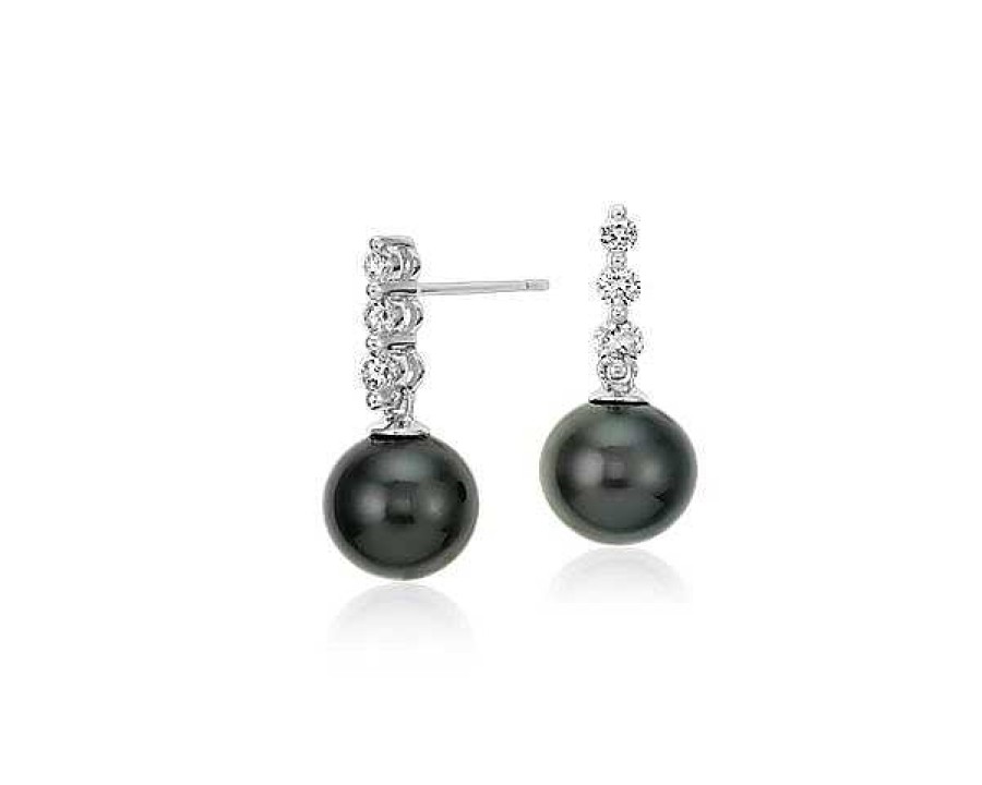 Earrings | Blue Nile Tahitian Cultured Pearl And 3-Diamond Drop Earrings In 18K White Gold (8Mm)