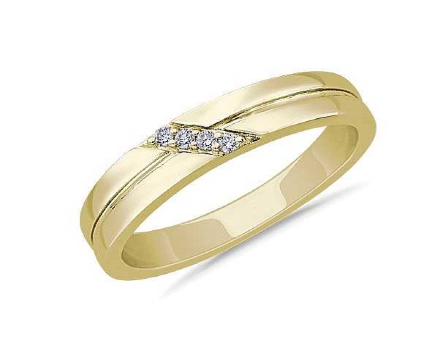 Men'S Rings | Blue Nile Diagonal Pav Diamond Grooved Wedding Ring In 14K Yellow Gold (.06 Ct. Tw.)