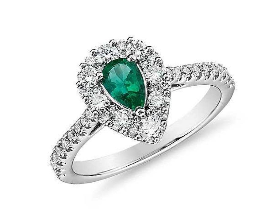 Rings | Blue Nile Pear Emerald Ring With Diamond Halo In 14K White Gold (6X4Mm)