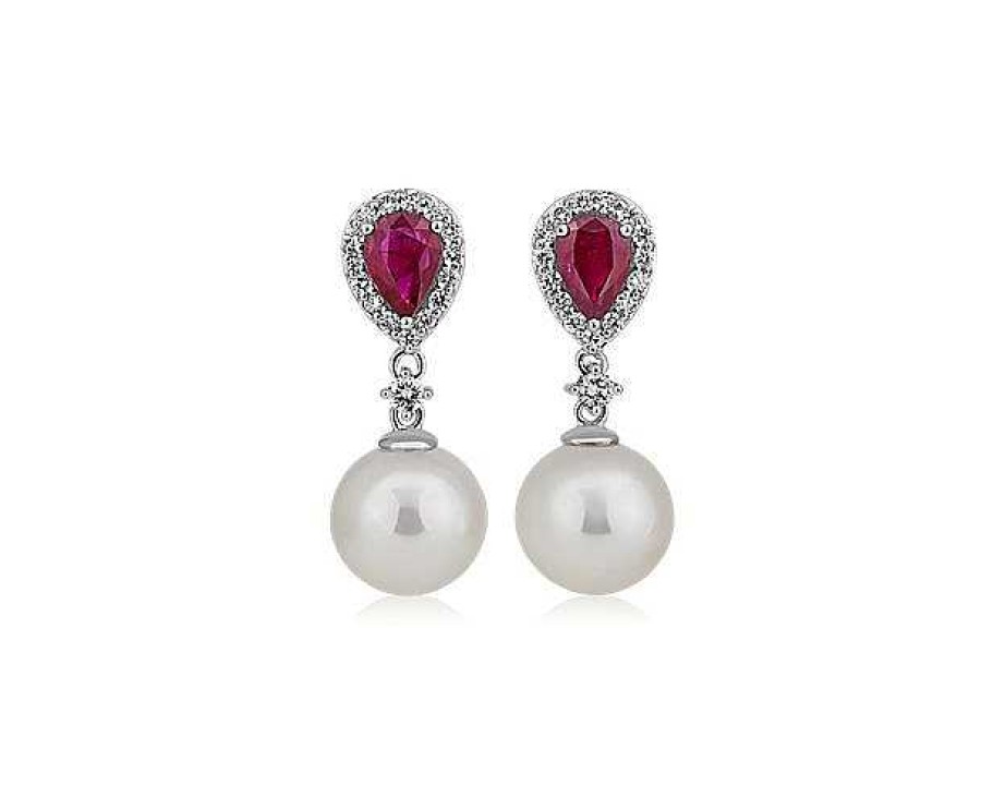 Earrings | Blue Nile Classic Akoya Cultured Pearl Drop Earrings With Ruby And Diamond Detail In 14K White Gold