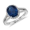 Rings | Blue Nile Oval Sapphire And Diamond Halo Split Shank Ring In 18K White Gold (9X7Mm)