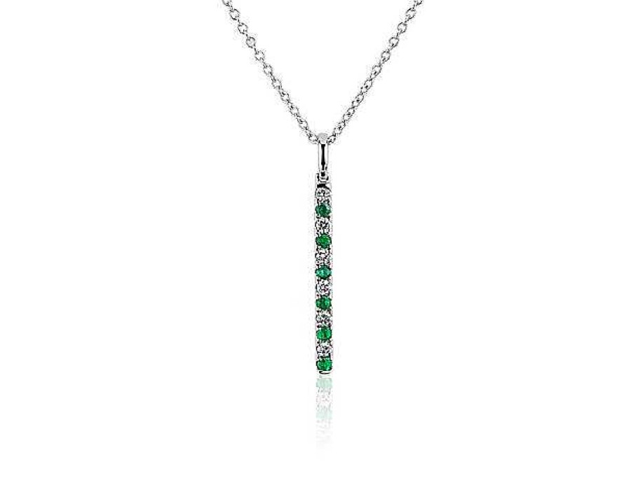 Necklaces | Blue Nile Riviera Pav Alternating Emerald And Diamond Vertical Bar Pendant In 14K White Gold (1.6Mm)