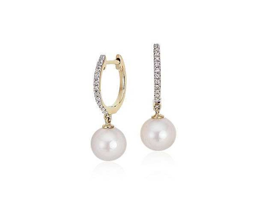 Earrings | Blue Nile Akoya Cultured Pearl And Diamond Drop Hoop Earrings In 14K Yellow Gold (6.5Mm)