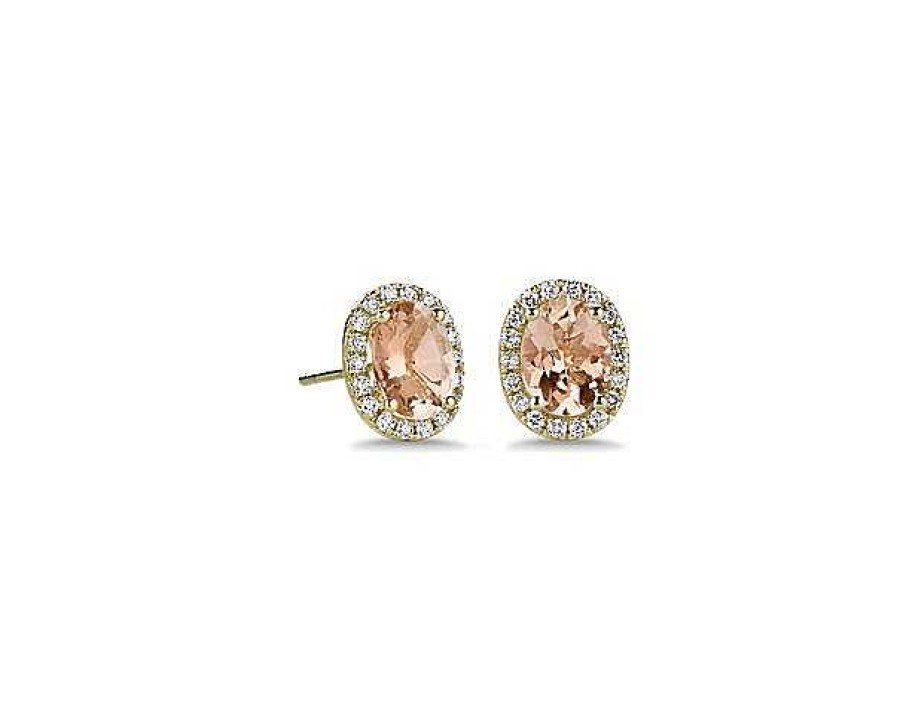 Earrings | Blue Nile Oval Morganite And Diamond Halo Stud Earrings In 14K Yellow Gold (5X7Mm)