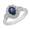 Rings | Blue Nile Oval Sapphire 3 Stone Halo Ring In 14K White Gold (7X5Mm)