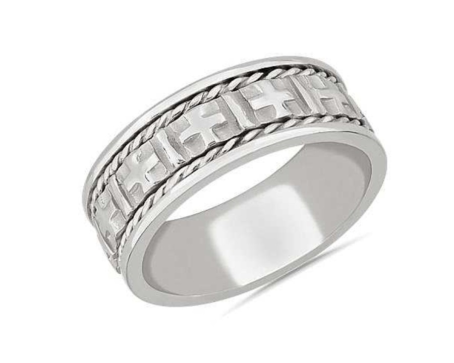 Men'S Rings | Blue Nile Braided Edge Cross Wedding Ring In 18K White Gold (8Mm)