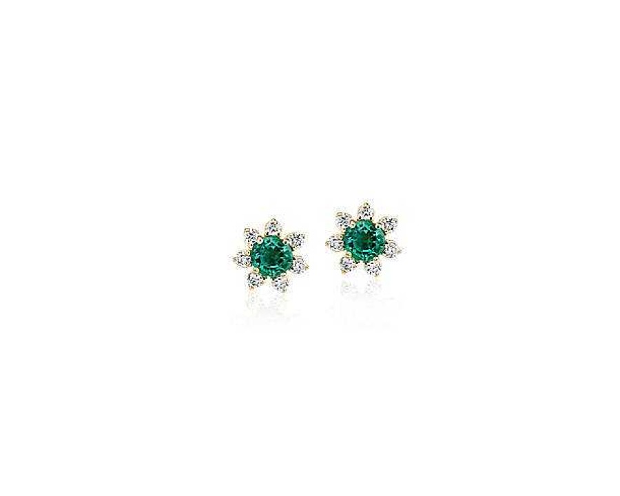 Earrings | Blue Nile Mini Emerald Earrings With Diamond Blossom Halo In 14K Yellow Gold (3.5Mm)