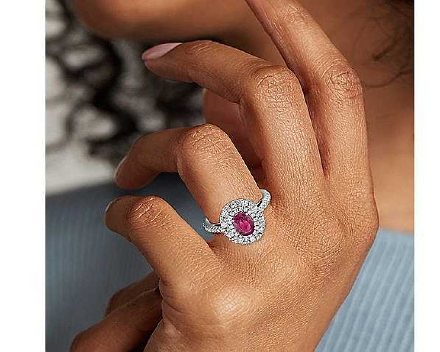 Rings | Blue Nile Oval Ruby Ring With Double Diamond Halo In 14K White Gold (7X5Mm)