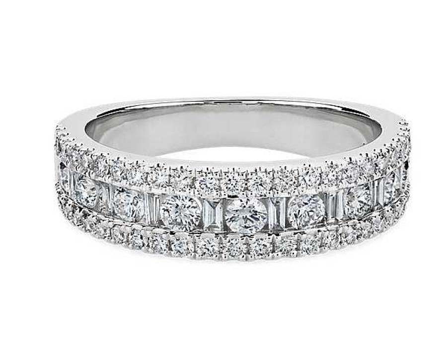 Rings | Blue Nile Triple Row Pave & Alternating Baguette/Round Ring In 14K White Gold (1 Ct)