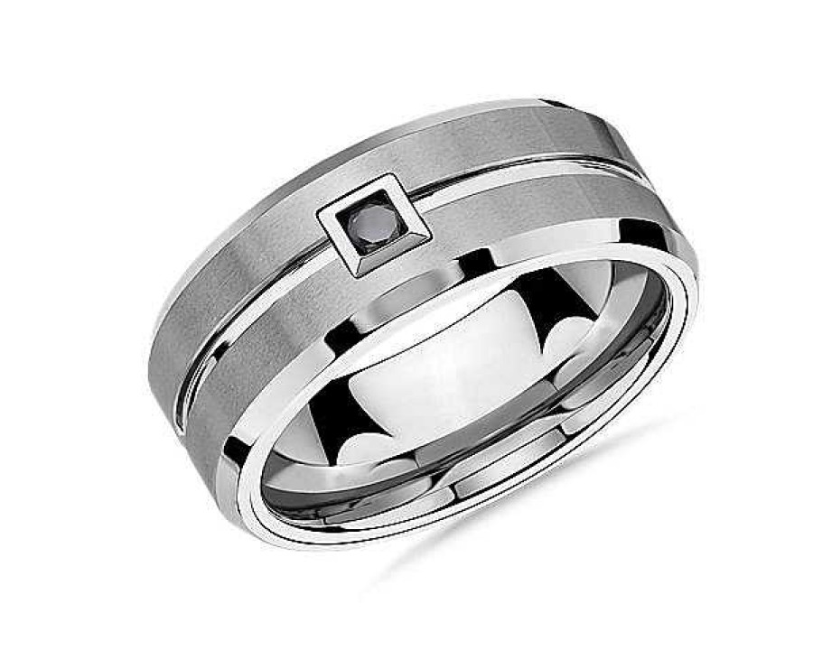 Men'S Rings | Blue Nile Single Black Diamond Wedding Ring In White Tungsten Carbide (9 Mm, 1/10 Ct. Tw.)