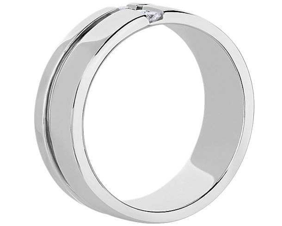 Men'S Rings | Blue Nile Men'S Grooved Diamond Line Band In Platinum (7.6 Mm, .1 Ct. Tw.)