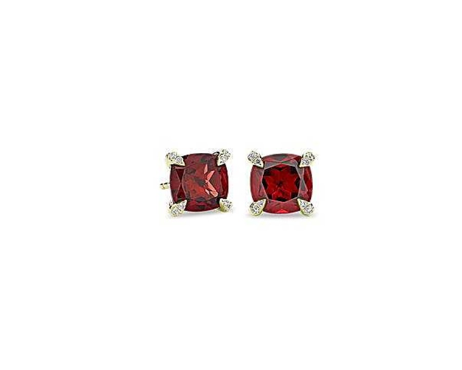 Earrings | Blue Nile Cushion Cut Garnet And Diamond Accent Earrings In 14K Yellow Gold (7Mm)