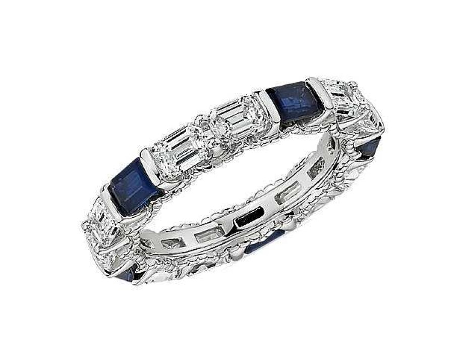 Women'S Rings | Blue Nile Alternating East-West Emerald Cut Diamond And Sapphire Eternity Ring In 14K White Gold (2 1/2 Ct. Tw.)