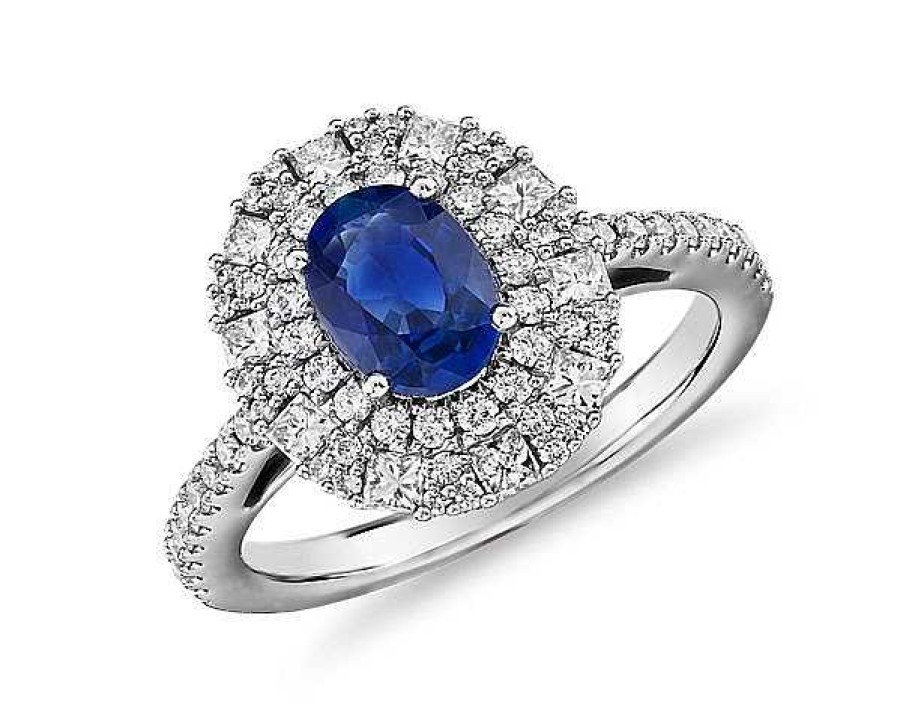 Rings | Blue Nile Oval Sapphire Ring With Double Diamond Halo In 14K White Gold (7X5Mm)