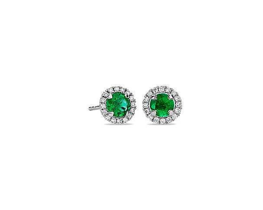 Earrings | Blue Nile Emerald And Micropav Diamond Halo Stud Earrings In 18K White Gold (5Mm)