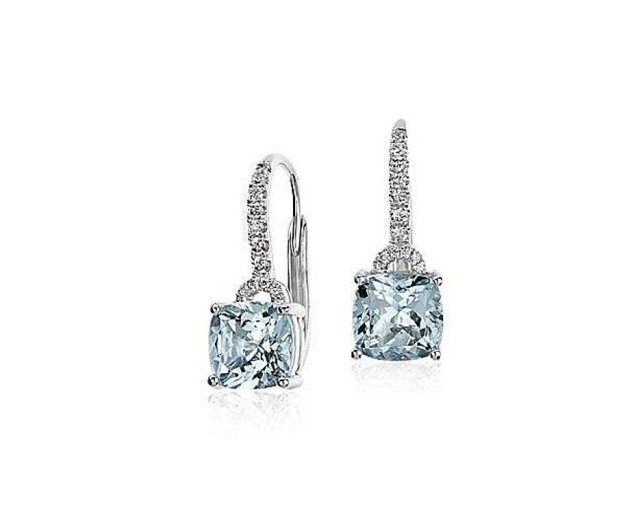 Earrings | Blue Nile Aquamarine Cushion And Diamond Drop Earrings In 14K White Gold (7X7Mm)