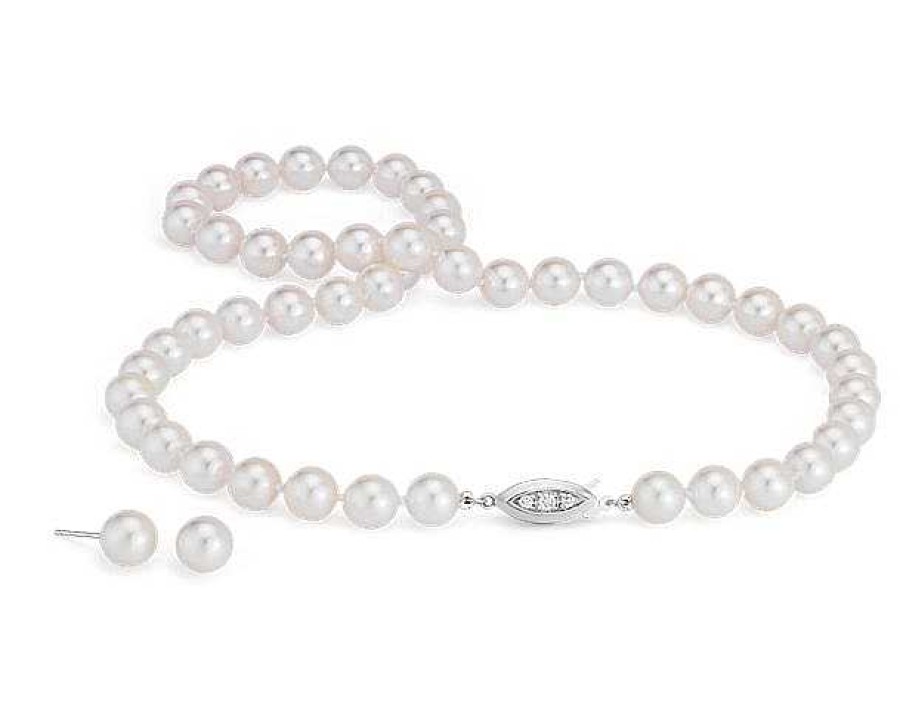 Necklaces | Blue Nile Premier Akoya Cultured Pearl Strand & Stud Earrings In 18K White Gold (8.0-8.5Mm)