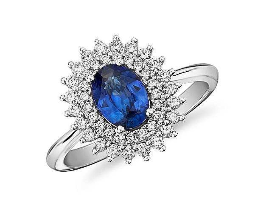 Rings | Blue Nile Oval Sapphire Ring With Double Sunburst Diamond Halo In 14K White Gold (7X5Mm)