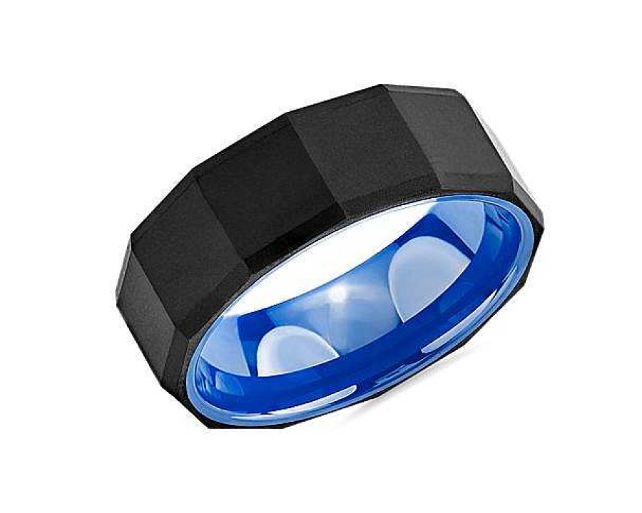 Men'S Rings | Blue Nile Black Faceted Wedding Ring In Tungsten And Blue Ceramic (8Mm)