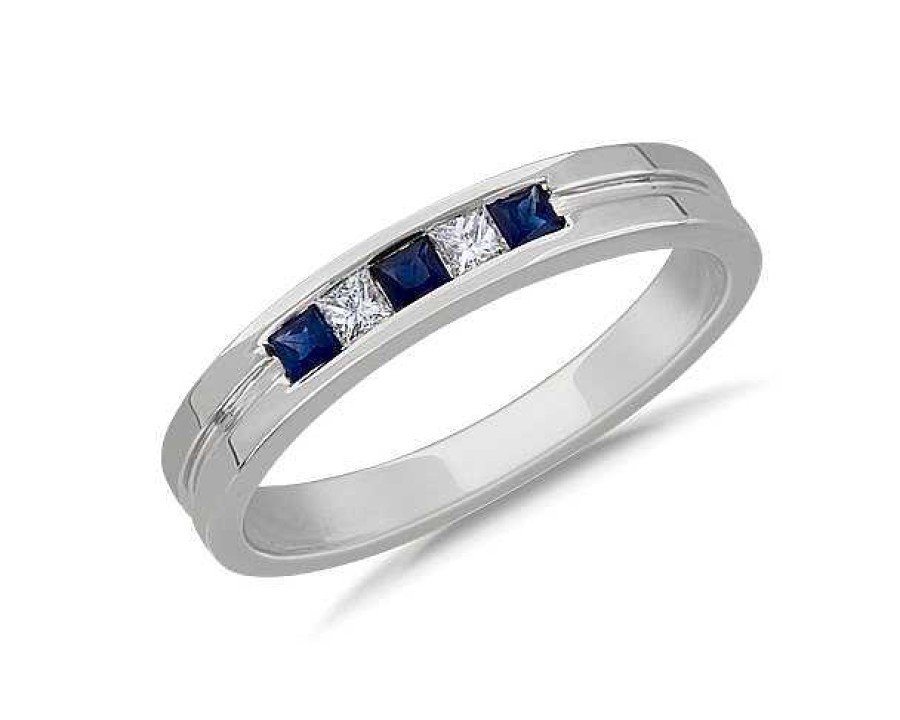 Men'S Rings | Blue Nile Men'S Princess-Cut Diamond And Sapphire Wedding Ring In Platinum (1/8 Ct. Tw.)