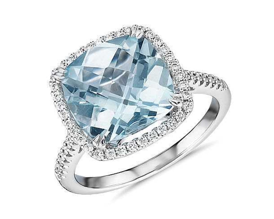 Rings | Blue Nile Cushion-Cut Aquamarine Diamond Halo Cocktail Ring In 14K White Gold (10.5Mm)