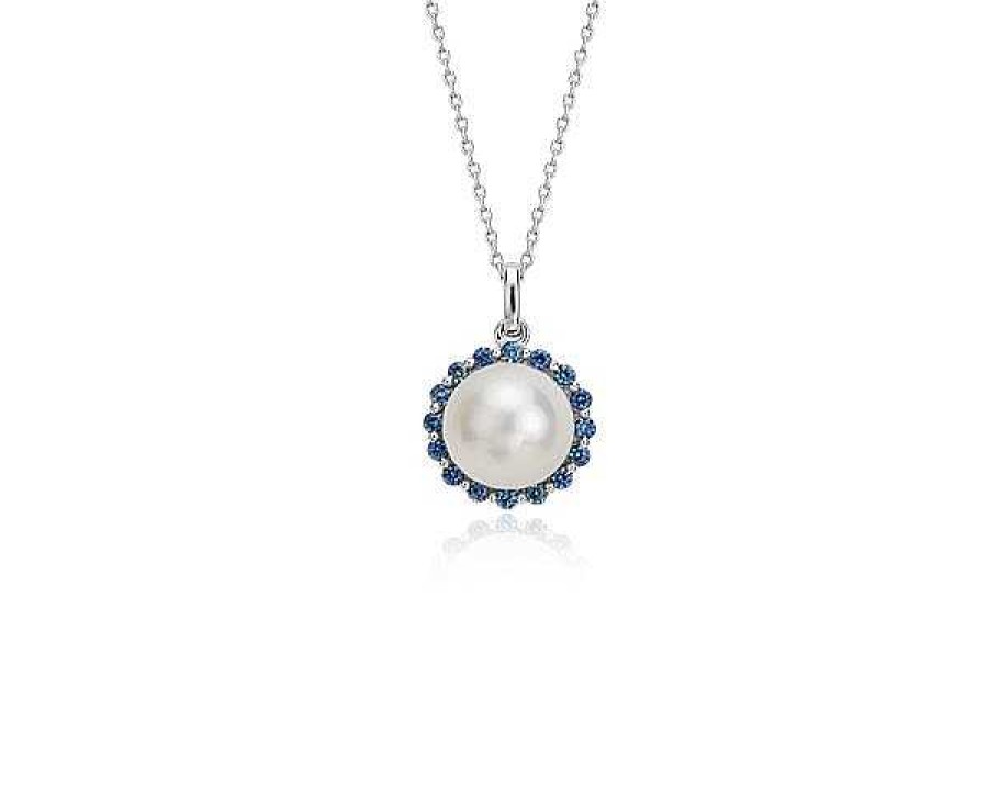 Necklaces | Blue Nile Freshwater Cultured Pearl And Sapphire Pendant In 14K White Gold (8Mm)