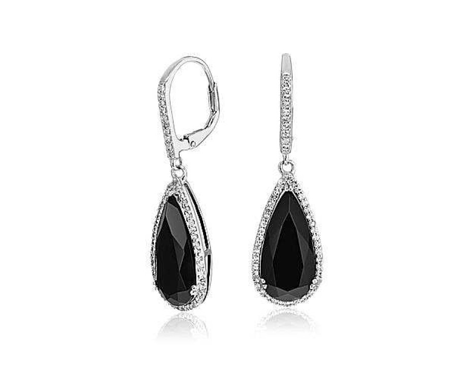 Earrings | Blue Nile Pear-Shaped Black Onyx Drop Earrings With White Topaz Halo In Sterling Silver (18X8Mm)