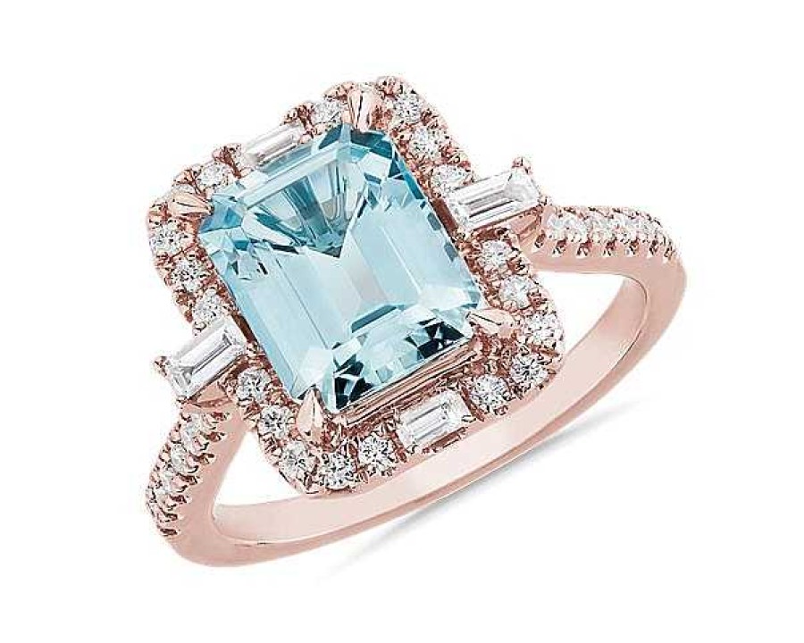 Rings | Blue Nile Emerald Cut Aquamarine Fashion Ring In 14K Rose Gold (9X7Mm)