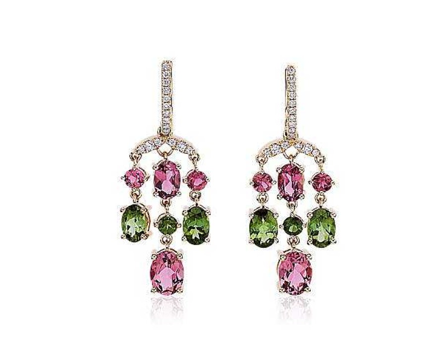 Earrings | Blue Nile Pink And Green Tourmaline Chandelier Earrings In 14K Yellow Gold