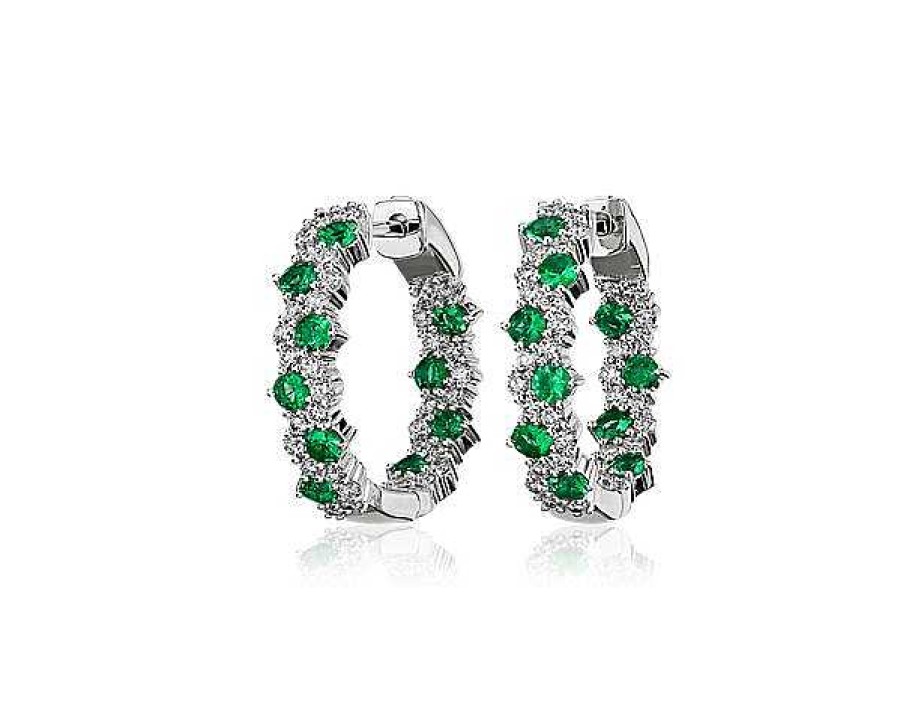 Earrings | Blue Nile Staggered Emerald And Diamond Hoop Earrings In 14K White Gold