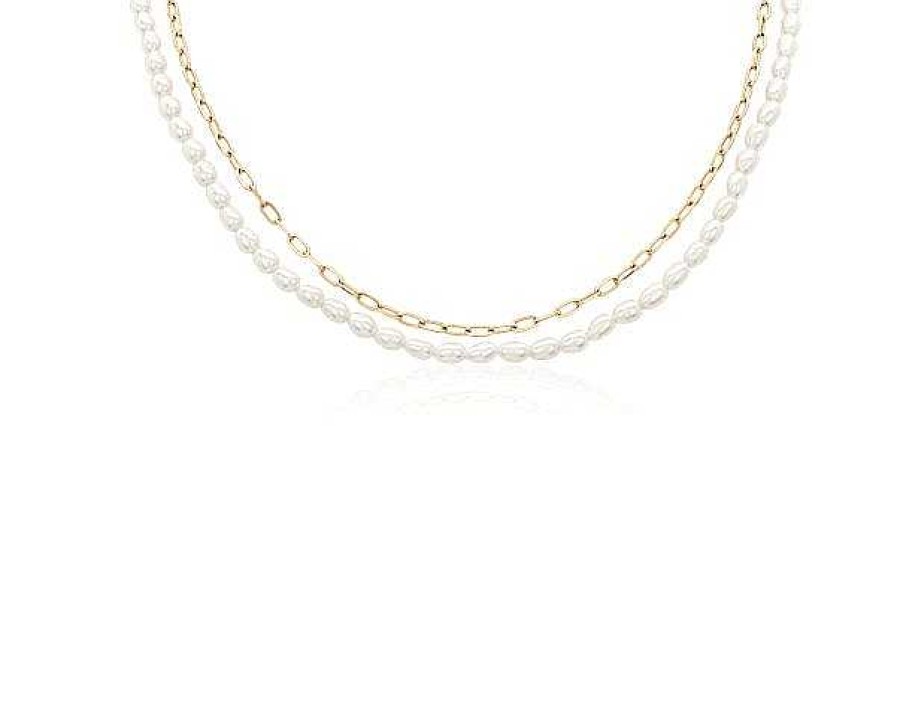 Necklaces | Blue Nile Freshwater Pearl And Paperclip Chain Double Strand Necklace In 14K Yellow Gold