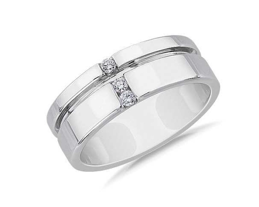 Men'S Rings | Blue Nile Men'S Grooved Diamond Line Band In 14K White Gold (7.6 Mm, .1 Ct. Tw.)