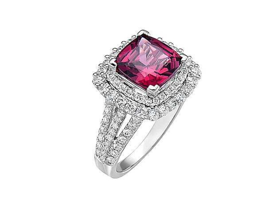 Rings | Blue Nile Extraordinary Collection: Cushion Rhodolite And Diamond Halo Ring In 18K White Gold (9Mm)