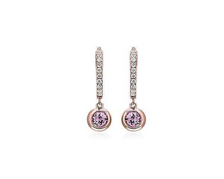 Earrings | Blue Nile Diamond Huggies With Bezel Set Pink Sapphire Drop Earrings In 14K Rose Gold