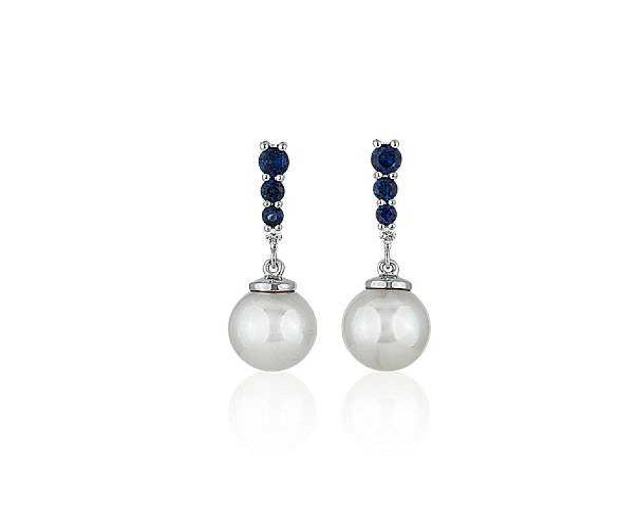 Earrings | Blue Nile Akoya Pearl And Sapphire Drop Earrings In 14K White Gold