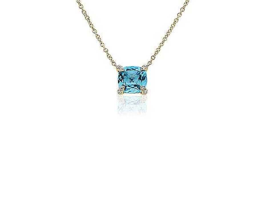 Necklaces | Blue Nile Cushion Cut Swiss Blue Topaz And Diamond Accent Pendant In 14K Yellow Gold (7Mm)