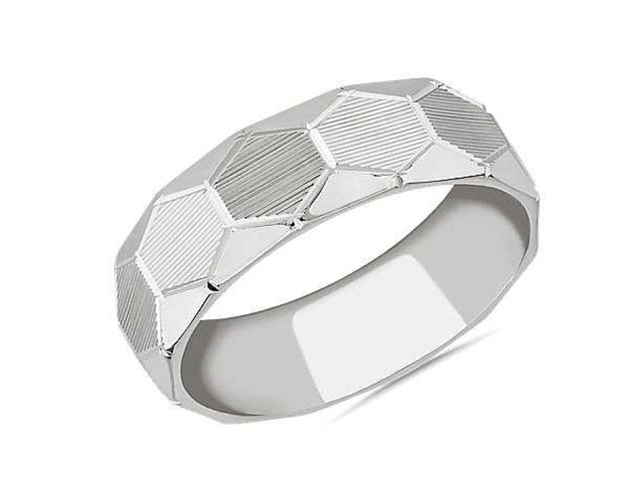 Men'S Rings | Blue Nile Raised Hexagon Lined Wedding Ring In 18K White Gold (7Mm)