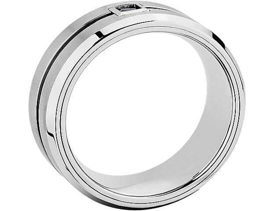 Men'S Rings | Blue Nile Single Black Diamond Wedding Ring In White Tungsten Carbide (9 Mm, 1/10 Ct. Tw.)