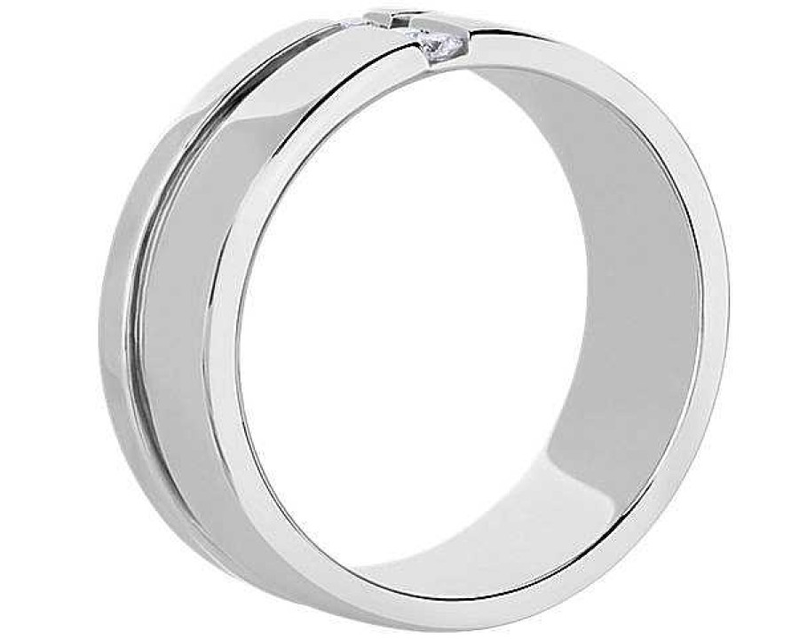 Men'S Rings | Blue Nile Men'S Grooved Diamond Line Band In 14K White Gold (7.6 Mm, .1 Ct. Tw.)