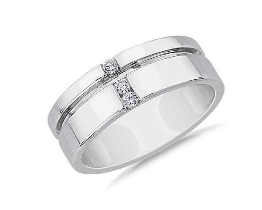 Men'S Rings | Blue Nile Men'S Grooved Diamond Line Band In Platinum (7.6 Mm, .1 Ct. Tw.)