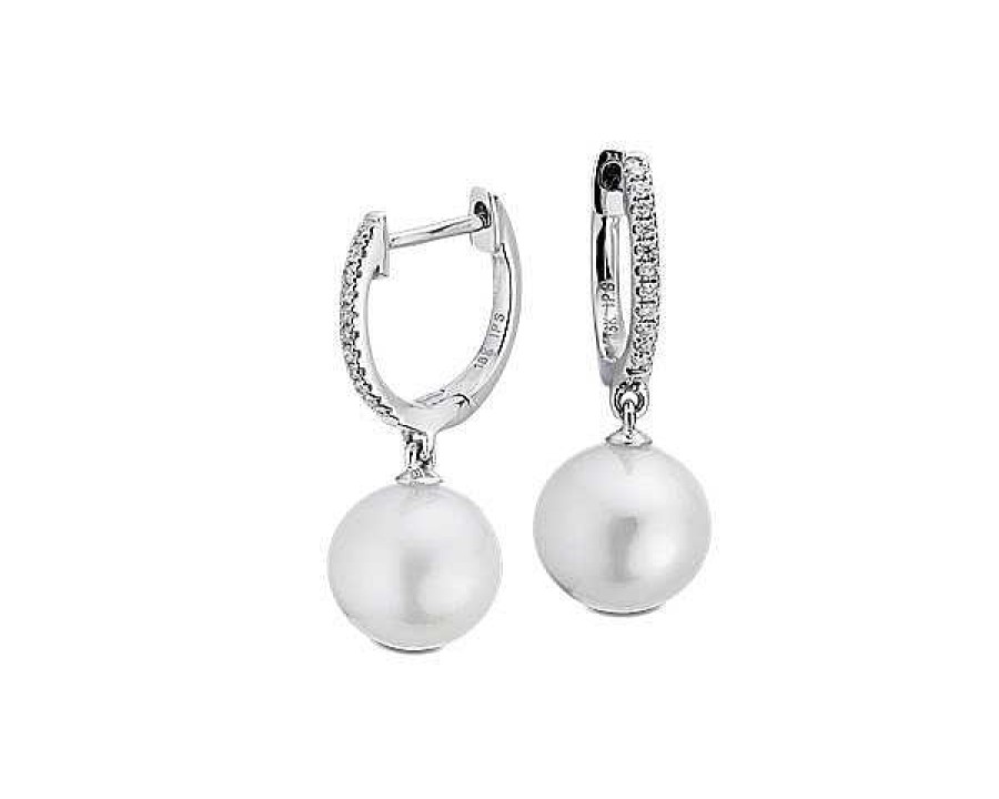 Earrings | Blue Nile White South Sea Pearl Earrings With Diamond Hoops In 18K White Gold (8-9Mm)