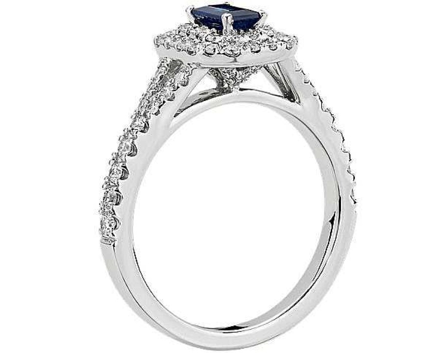 Rings | Blue Nile Emerald Cut Sapphire And Diamond Double Halo Ring In 14K White Gold (5X3Mm)