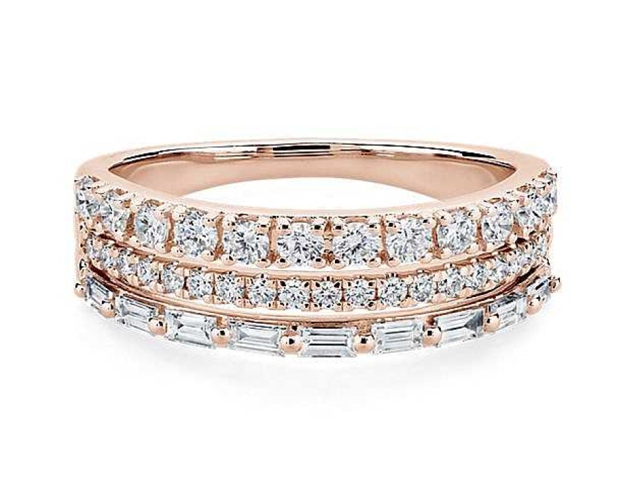 Rings | Blue Nile Three Row Baguette And Pave Diamond Ring In 14K Rose Gold (5/8 Ct. Tw.)