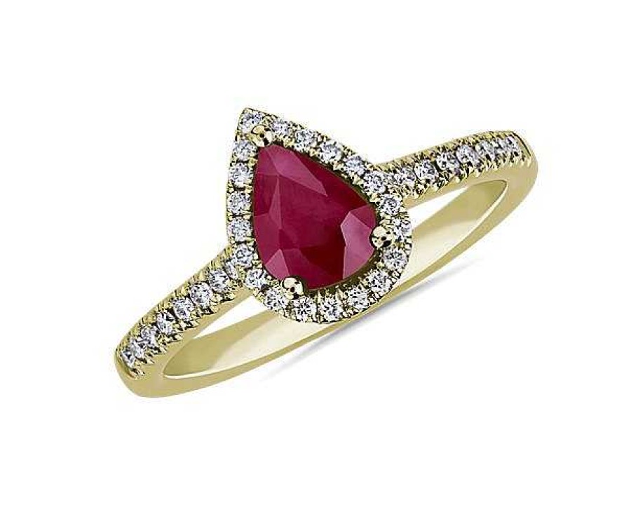 Rings | Blue Nile Pear Shaped Ruby And Diamond Halo Ring In 14K Yellow Gold (7X5Mm)