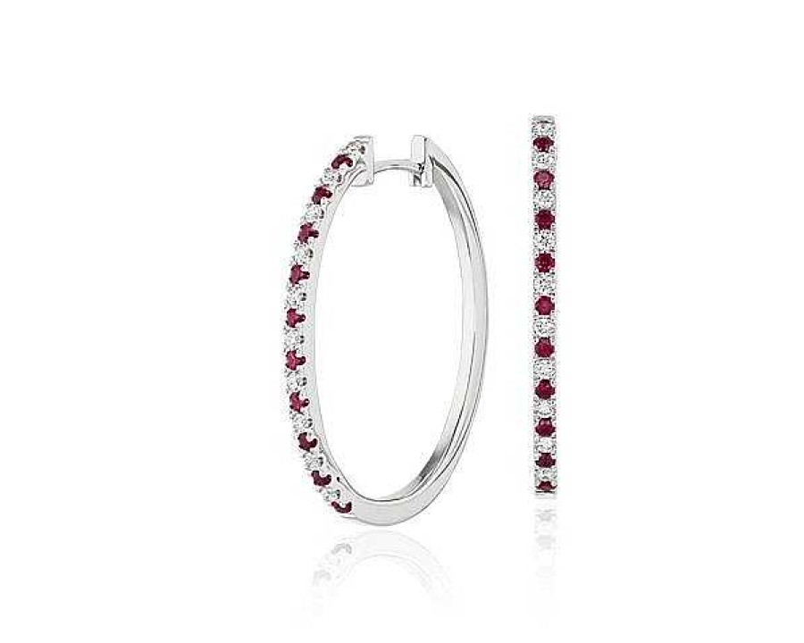 Earrings | Blue Nile Ruby And Diamond Oval Hoop Earrings In 14K White Gold (1.4Mm)