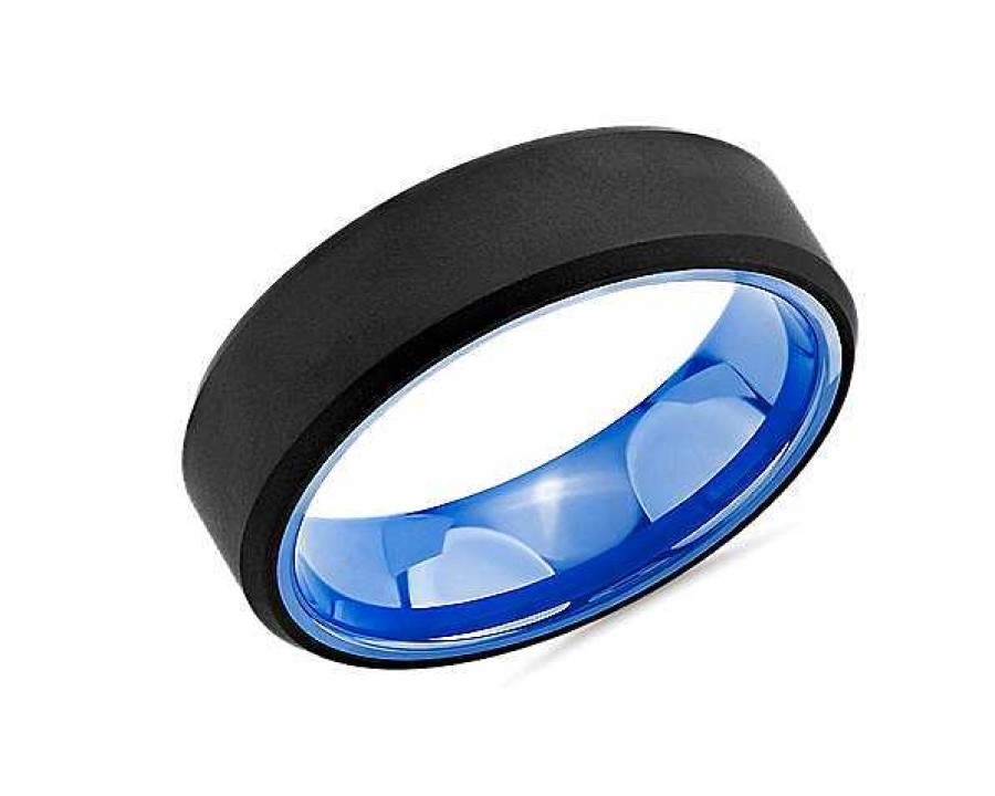 Men'S Rings | Blue Nile Black Beveled Edge Wedding Ring In Tungsten And Blue Ceramic (7Mm)