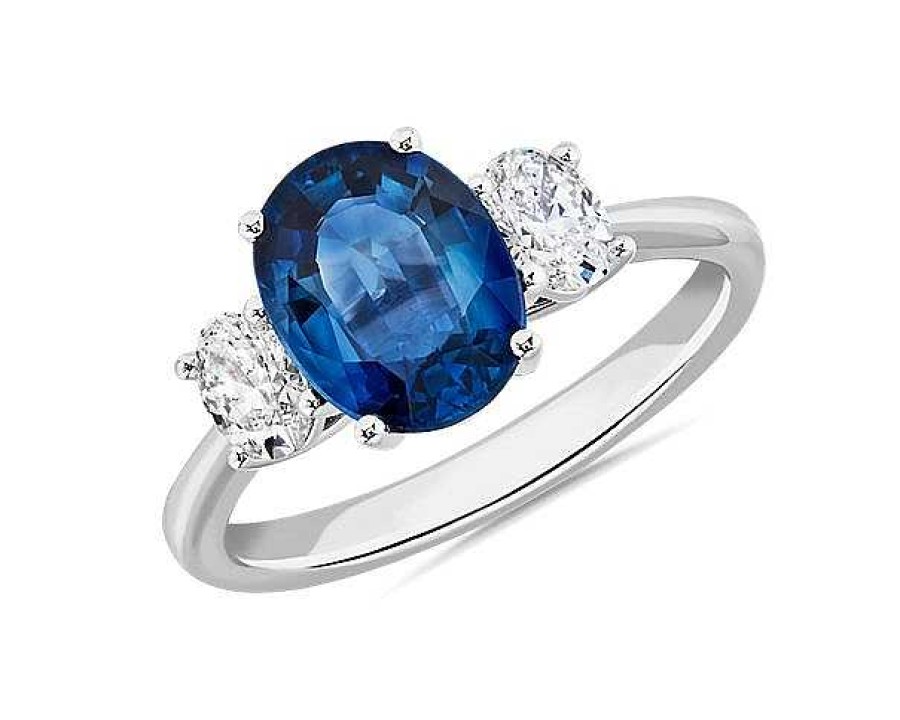 Rings | Blue Nile Sapphire And Diamond Three Stone Ring In 14K White Gold (9X7Mm)