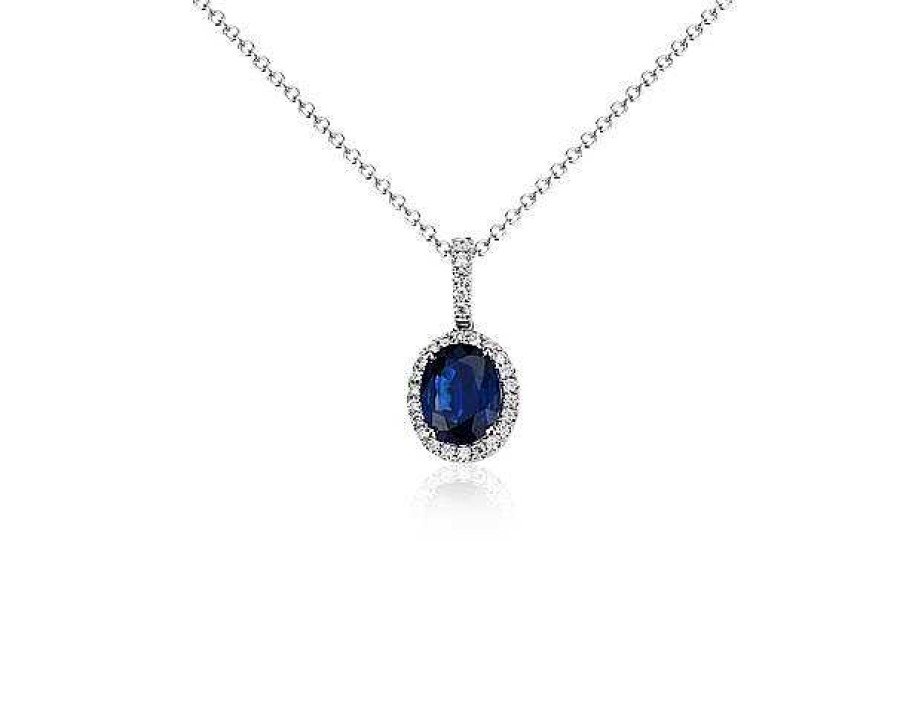 Necklaces | Blue Nile Oval Sapphire And Micropav Diamond Pendant In 14K White Gold (8X6Mm)