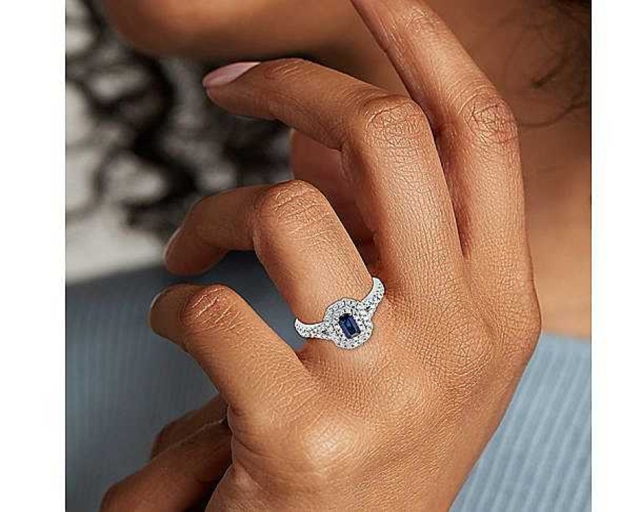 Rings | Blue Nile Emerald Cut Sapphire And Diamond Double Halo Ring In 14K White Gold (5X3Mm)